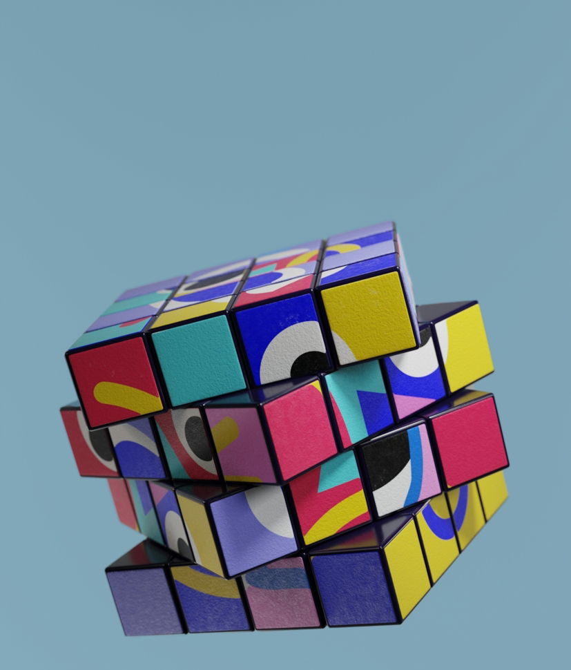 a multicolored cube is flying in the sky